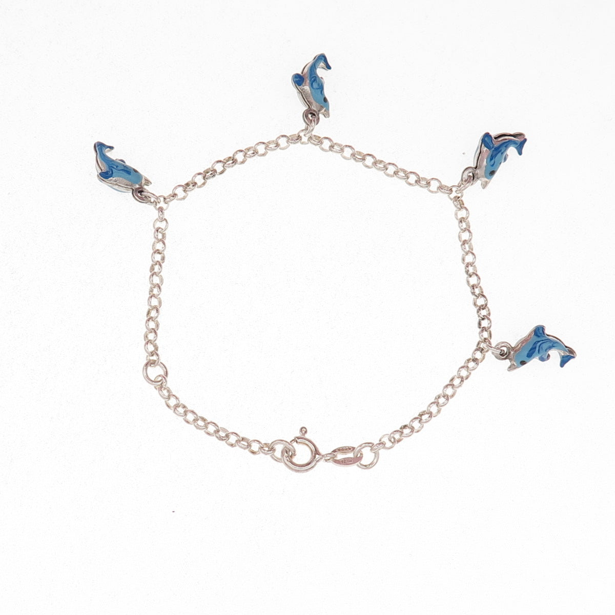 925 Sterling Silver Vintage Italy Enamel Dolphin Rolo Link Bracelet 5.75-6.75"