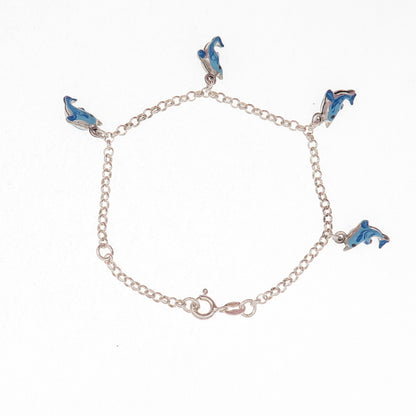 925 Sterling Silver Vintage Italy Enamel Dolphin Rolo Link Bracelet 5.75-6.75"