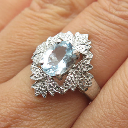 KAJAL NAINA KN 925 Sterling Silver Real Blue Topaz Floral Ring Size 7.25