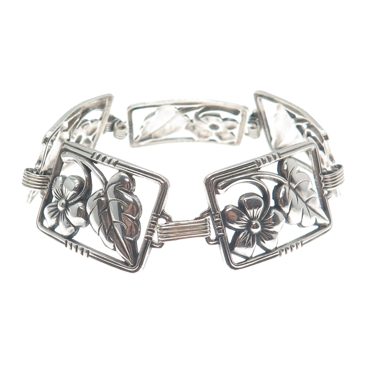 DANECRAFT 925 Sterling Silver Antique Art Deco Flower Panel Link Bracelet 7"
