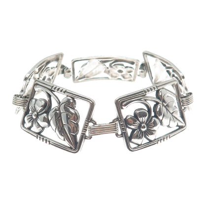 DANECRAFT 925 Sterling Silver Antique Art Deco Flower Panel Link Bracelet 7"