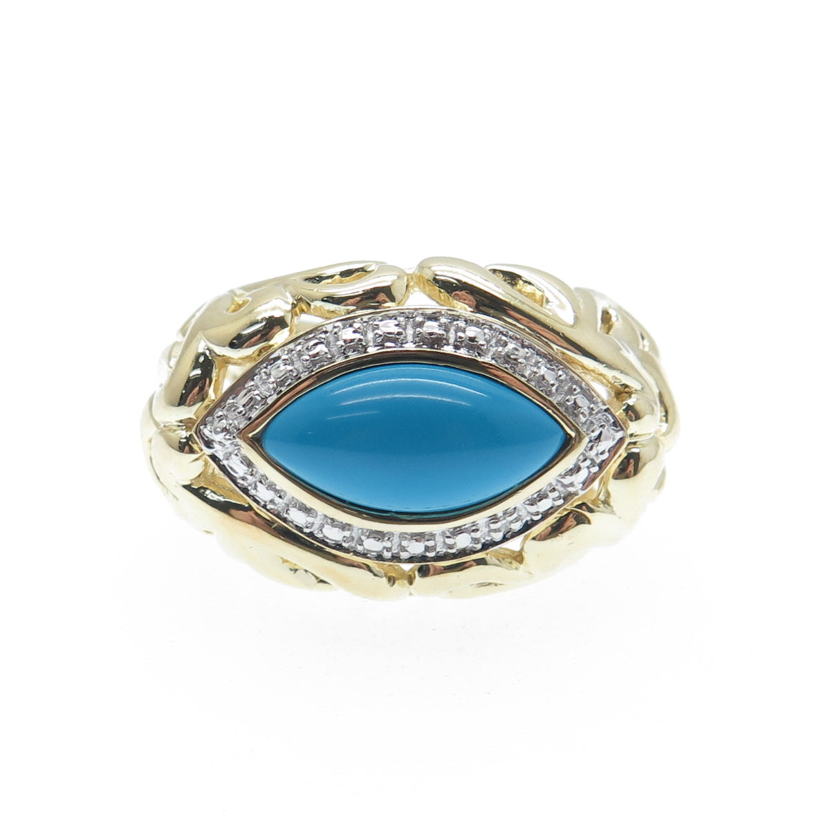 925 Sterling Silver Gold Plated Real Diamond Accent & Turquoise Ring Size 5.5