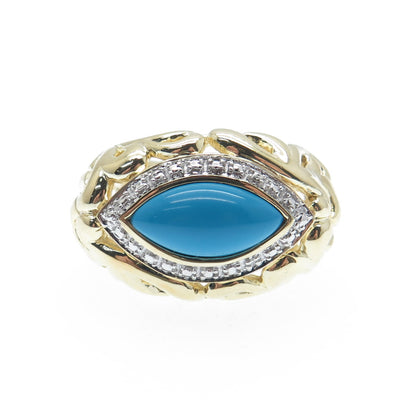 925 Sterling Silver Gold Plated Real Diamond Accent & Turquoise Ring Size 5.5