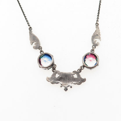 925 Sterling Silver Antique Art Deco Rainbow Rhinestone & Marcasite Necklace 16"