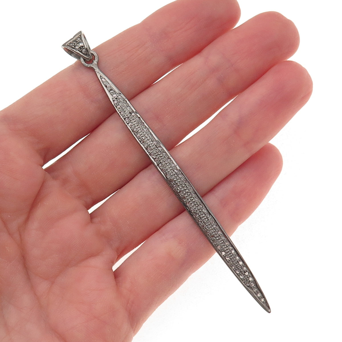925 Sterling Silver Black Rhodium Real Round-Cut Diamond Long Pendant