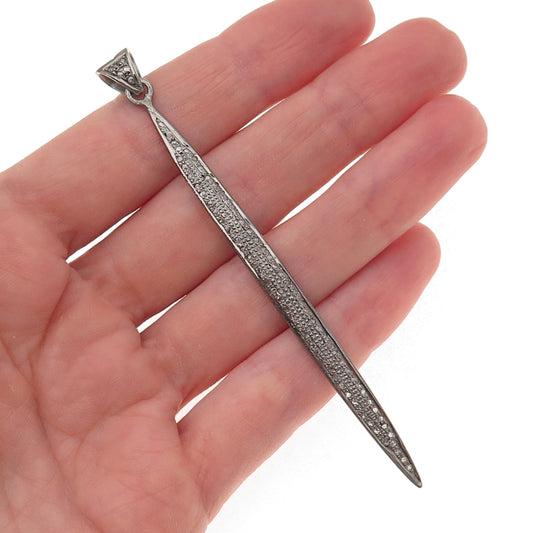925 Sterling Silver Black Rhodium Real Round-Cut Diamond Long Pendant