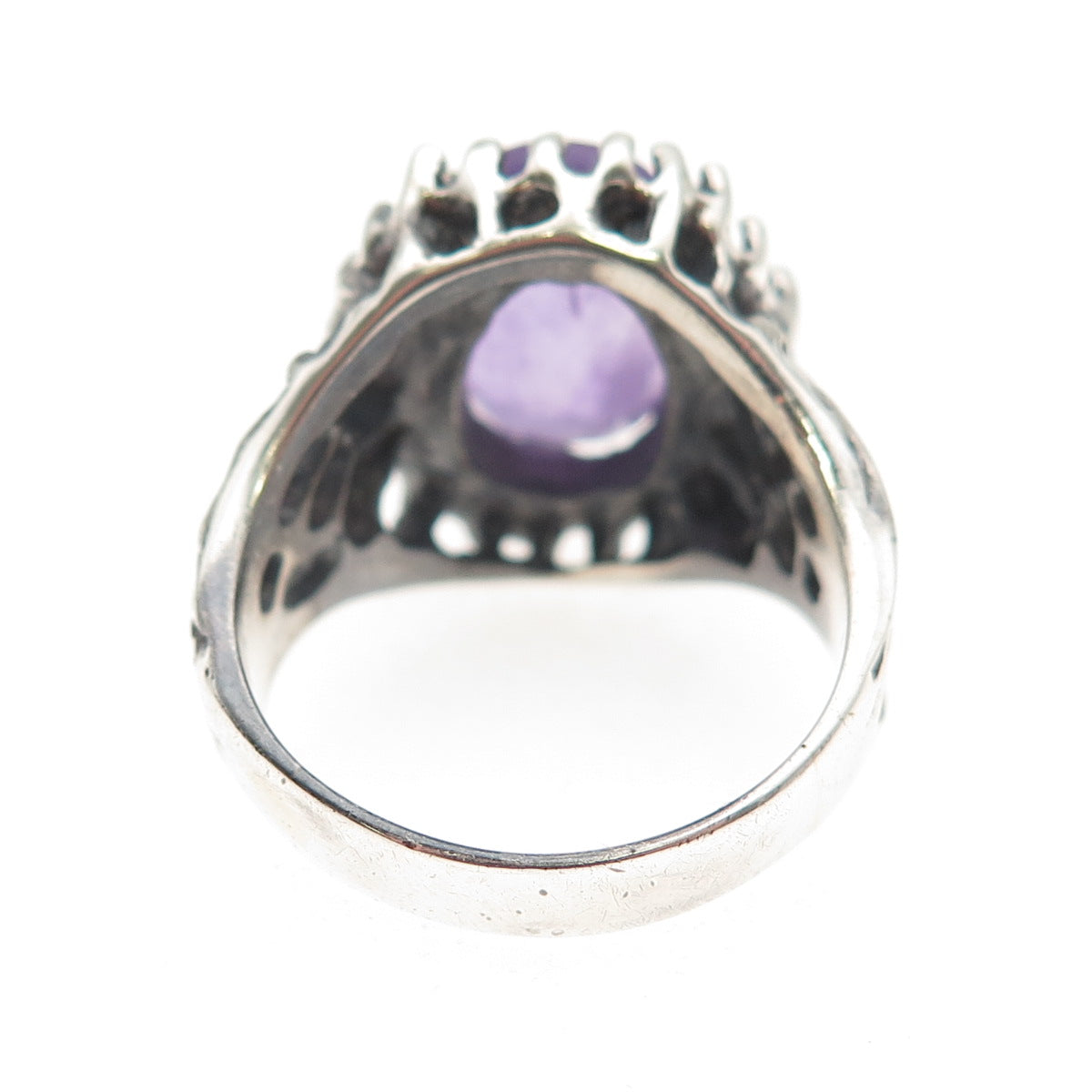 925 Sterling Silver Vintage Real Amethyst Modernist Oxidized Ring Size 8.5