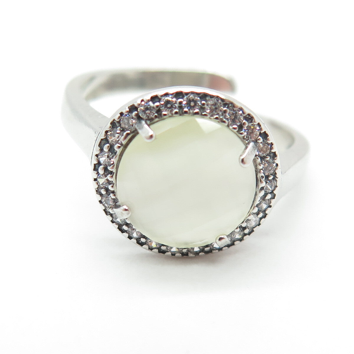 925 Sterling Silver Real Round-Cut Quartz & C Z Adjustable Ring Size 8