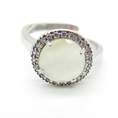 925 Sterling Silver Real Round-Cut Quartz & C Z Adjustable Ring Size 8