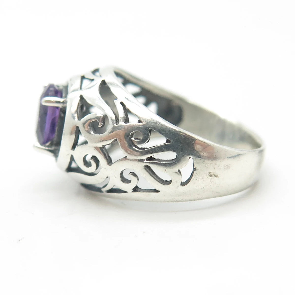 925 Sterling Silver Vintage Real Amethyst Gem Scroll Ring Size 6