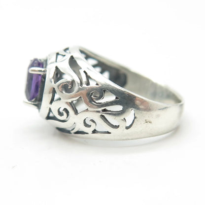 925 Sterling Silver Vintage Real Amethyst Gem Scroll Ring Size 6