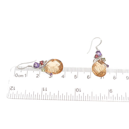 925 Sterling Silver Real Citrine Amethyst Peridot & Red Garnet Dangle Earrings