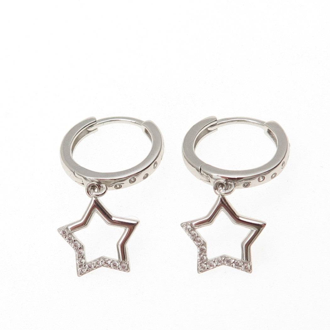 925 Sterling Silver Round-Cut C Z Star Dangle Hoop Earrings