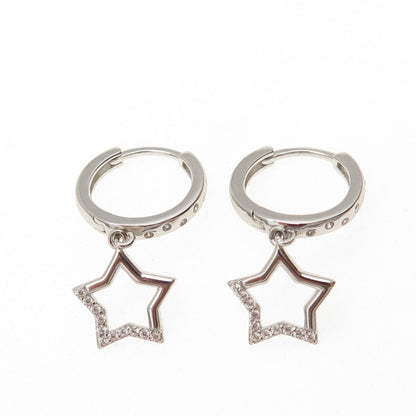 925 Sterling Silver Round-Cut C Z Star Dangle Hoop Earrings