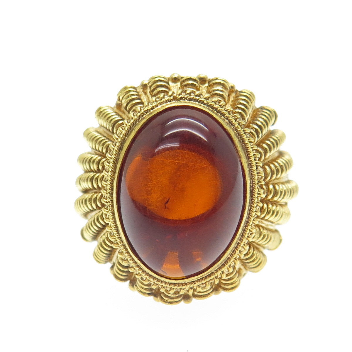 925 Sterling Gold Plated Antique Red Amber Spring Adjustable Ring Size 9.5