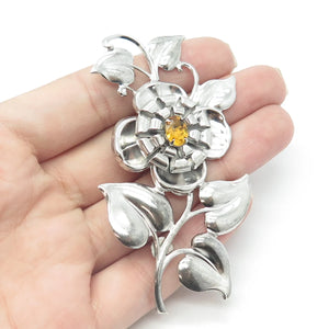 925 Sterling Silver Antique Art Deco Yellow Rhinestone Floral Pin Brooch