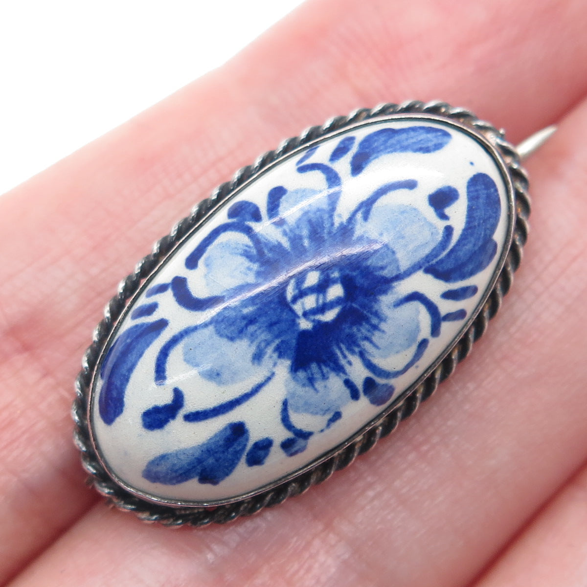 835 Silver Vintage GBS Netherlands Ceramic Flower Pin Brooch