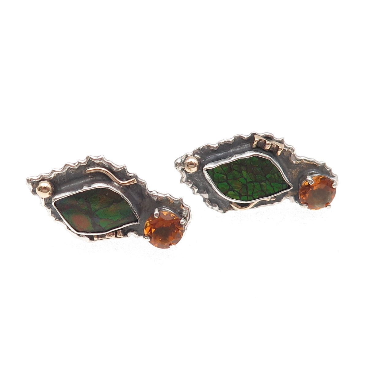H & BJ Mackie 925 Sterling 14K Gold Vintage Ammolite Citrine Omega Back Earrings