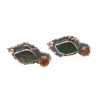 H & BJ Mackie 925 Sterling 14K Gold Vintage Ammolite Citrine Omega Back Earrings