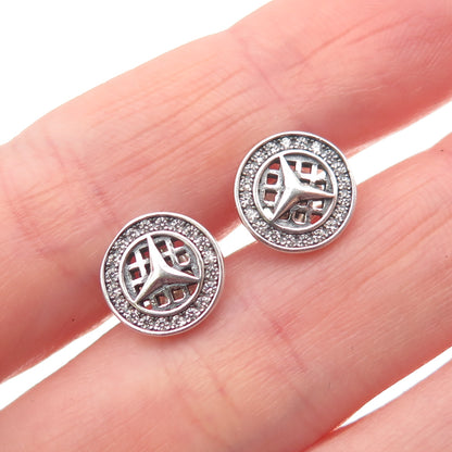 925 Sterling Silver Round-Cut C Z Mercedes Stud Earrings