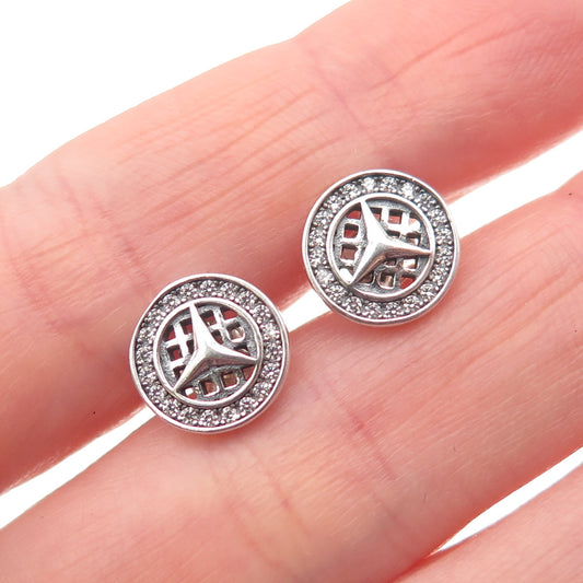 925 Sterling Silver Round-Cut C Z Mercedes Stud Earrings