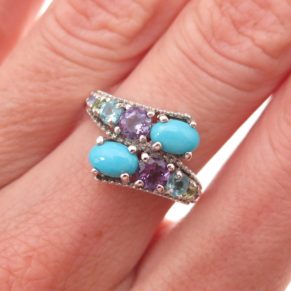 Chuck Clemency 925 Sterling Silver Real Turquoise & Multi-Gem Bypass Ring Size 6