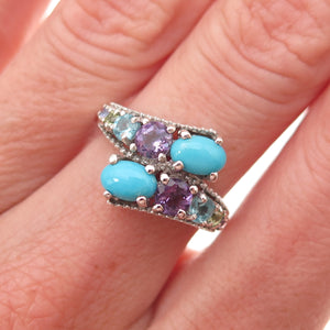 Chuck Clemency 925 Sterling Silver Real Turquoise & Multi-Gem Bypass Ring Size 6