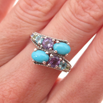 Chuck Clemency 925 Sterling Silver Real Turquoise & Multi-Gem Bypass Ring Size 6