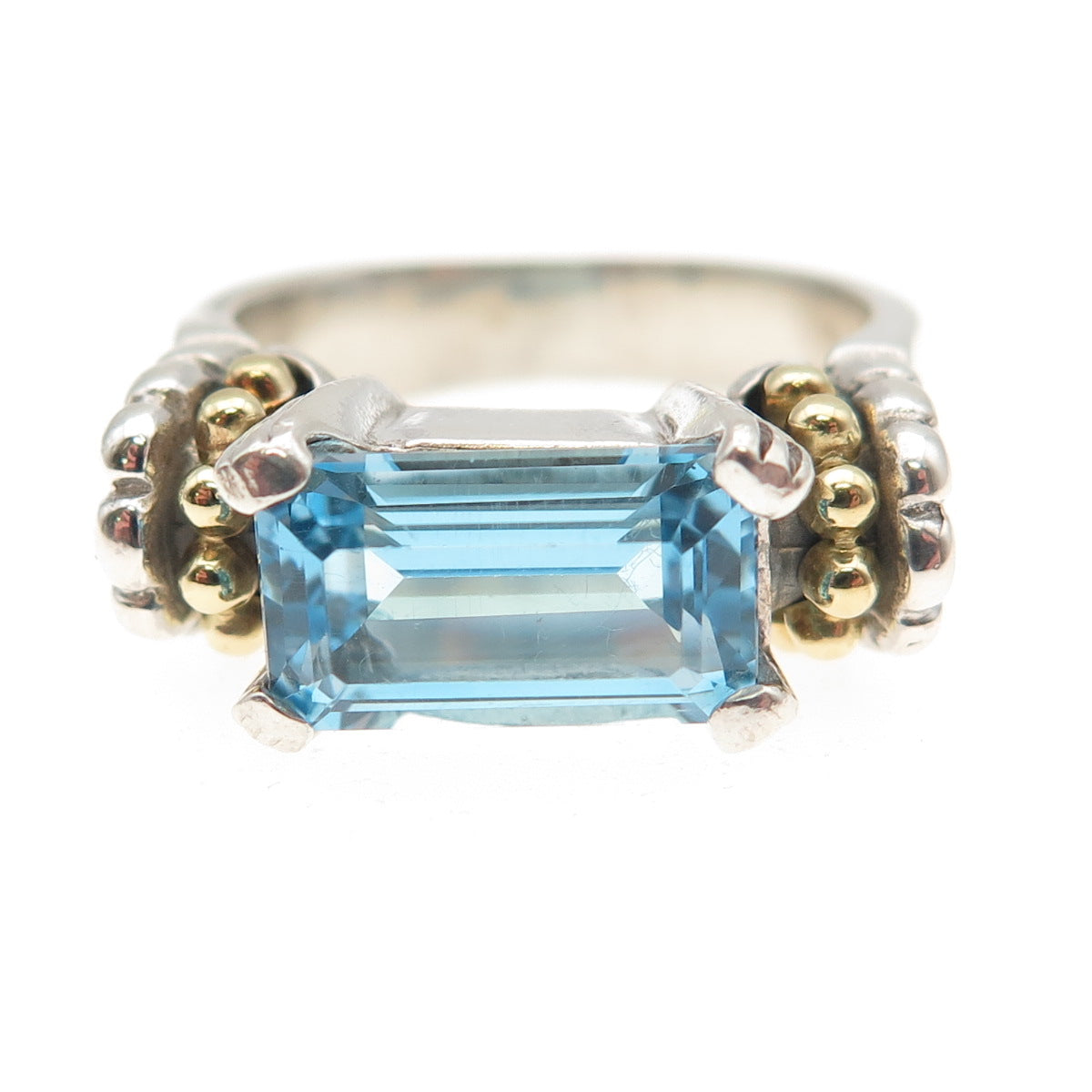 LAGOS Caviar 925 Sterling Silver 18K Gold Vintage Real Blue Topaz Ring Size 8.5