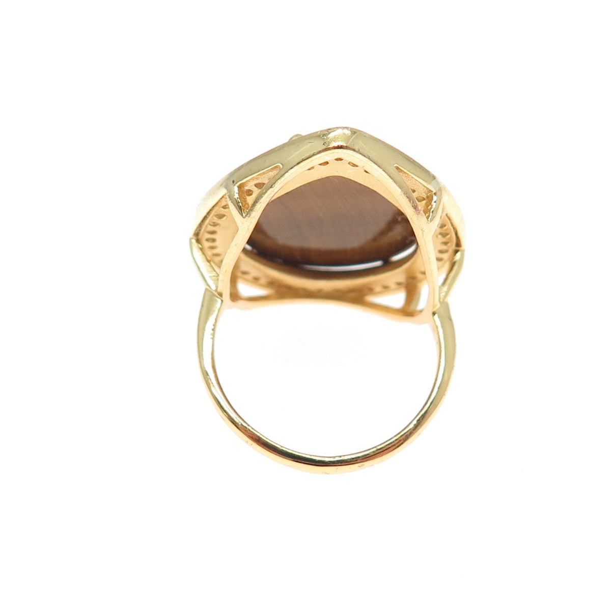 925 Sterling Silver Gold Plated Real Tiger Eye & C Z Teardrop Ring Size 6.5