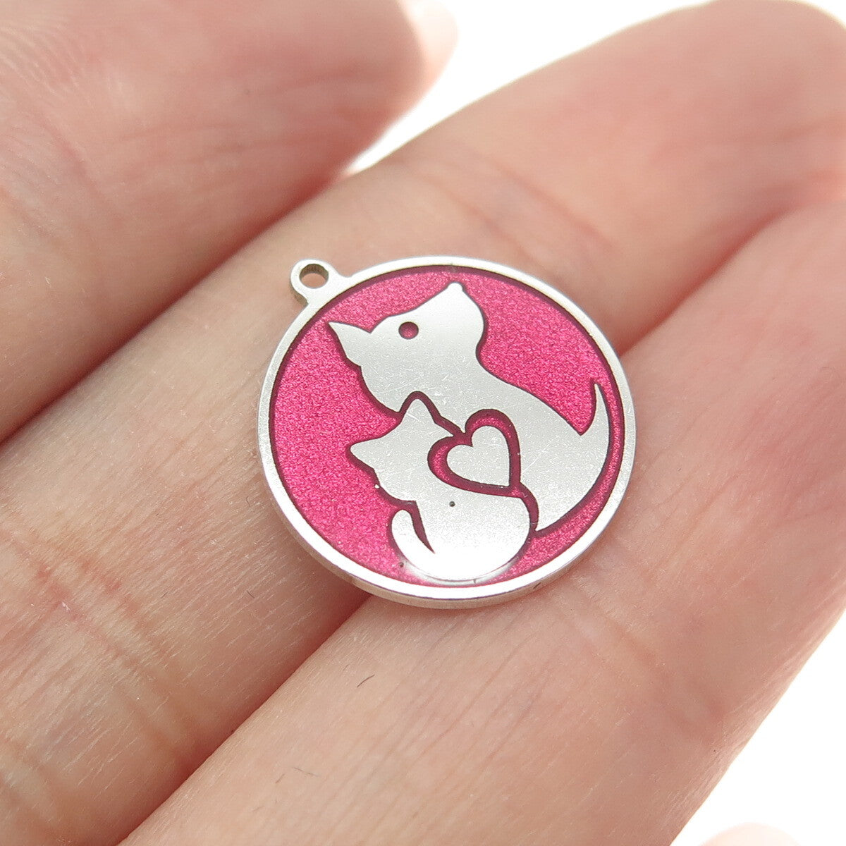 Tokemoti 925 Sterling Silver Pink Enamel Cat & Dog Round Tag Minimalist Pendant