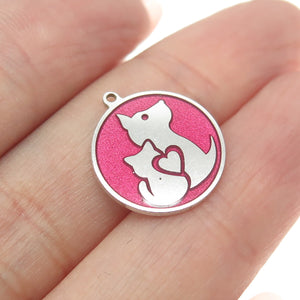 Tokemoti 925 Sterling Silver Pink Enamel Cat & Dog Round Tag Minimalist Pendant