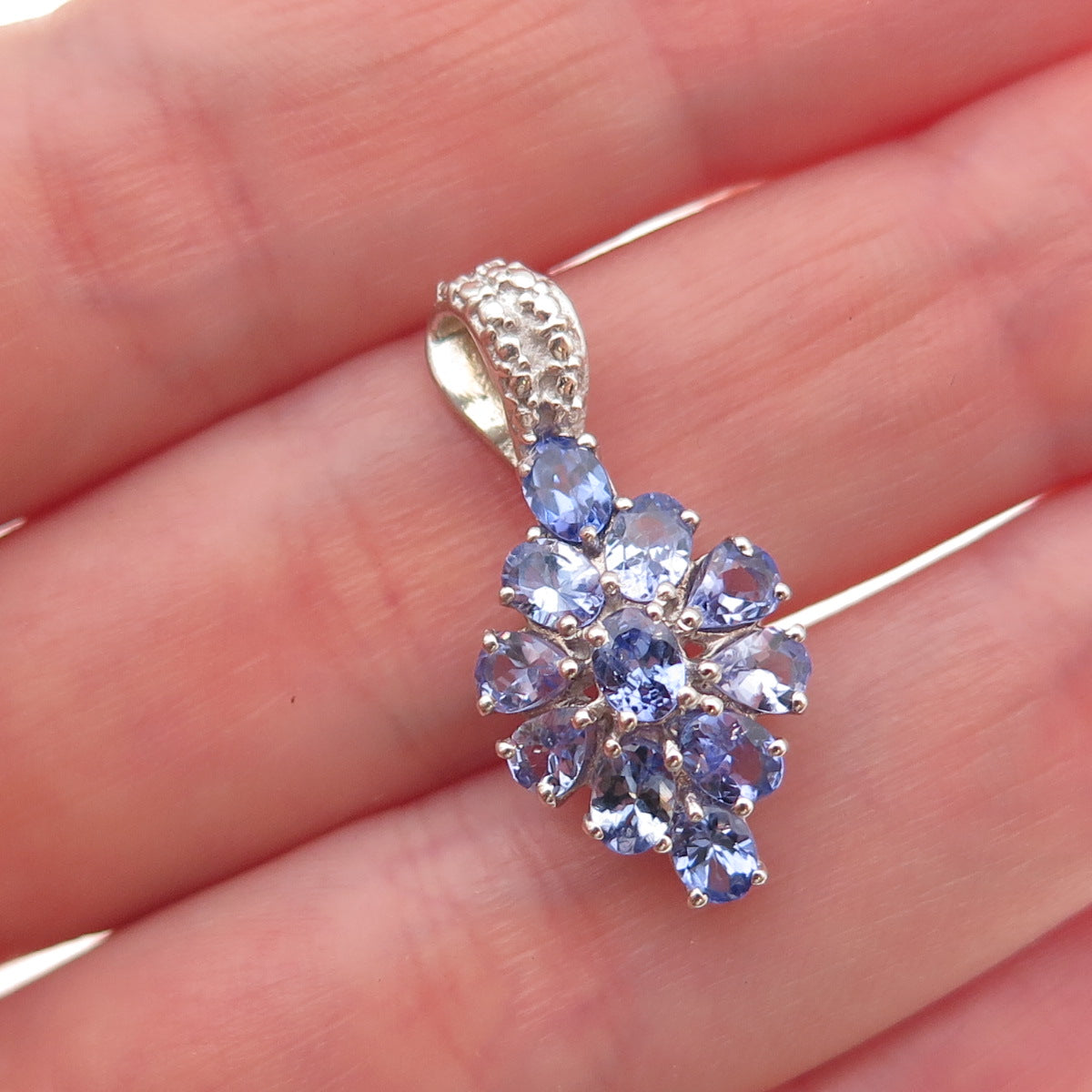 Chuck Clemency 925 Sterling Silver Real Tanzanite Floral Cluster Charm Pendant