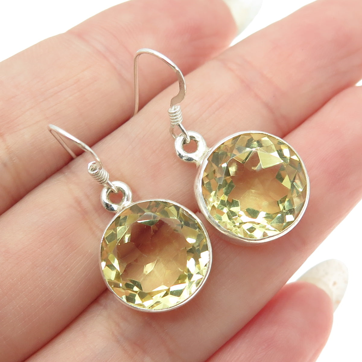 925 Sterling Silver Vintage Real Round-Cut Citrine Dangling Earrings