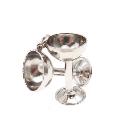 Art's Elegance 925 Sterling Vintage Crossed Champagne Glasses 3D Charm Pendant