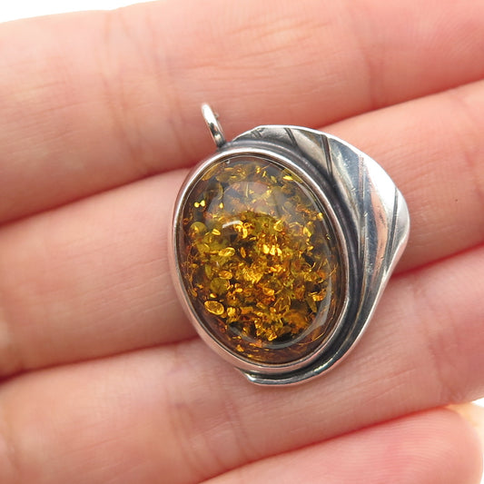 925 Sterling Silver Vintage Real Amber Modernist Floral Oxidized Charm Pendant