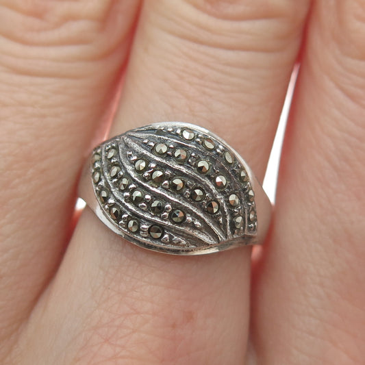 925 Sterling Silver Vintage Real Marcasite Modernist Oxidized Ring Size 7.25