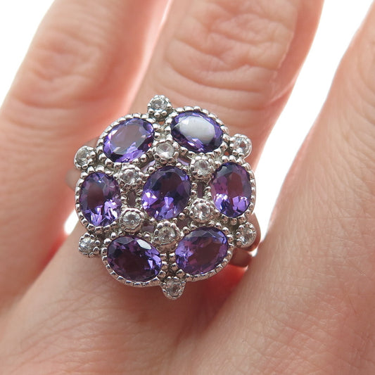 925 Sterling Silver Real Amethyst & White Topaz Gem Cluster Ring Size 7.25