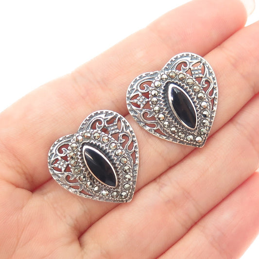 925 Sterling Silver Vintage Real Black Onyx & Marcasite Heart Oxidized Earrings