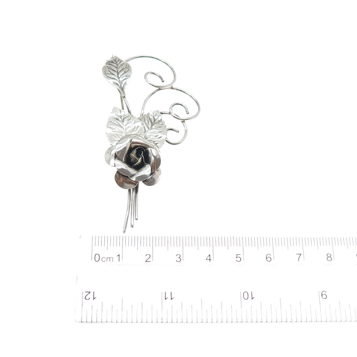 LANG 925 Sterling Silver Vintage Rose Flower Oxidized Pin Brooch