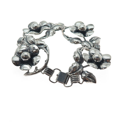 925 Sterling Silver Antique Art Deco Flower Blossom Oxidized Bracelet 7"