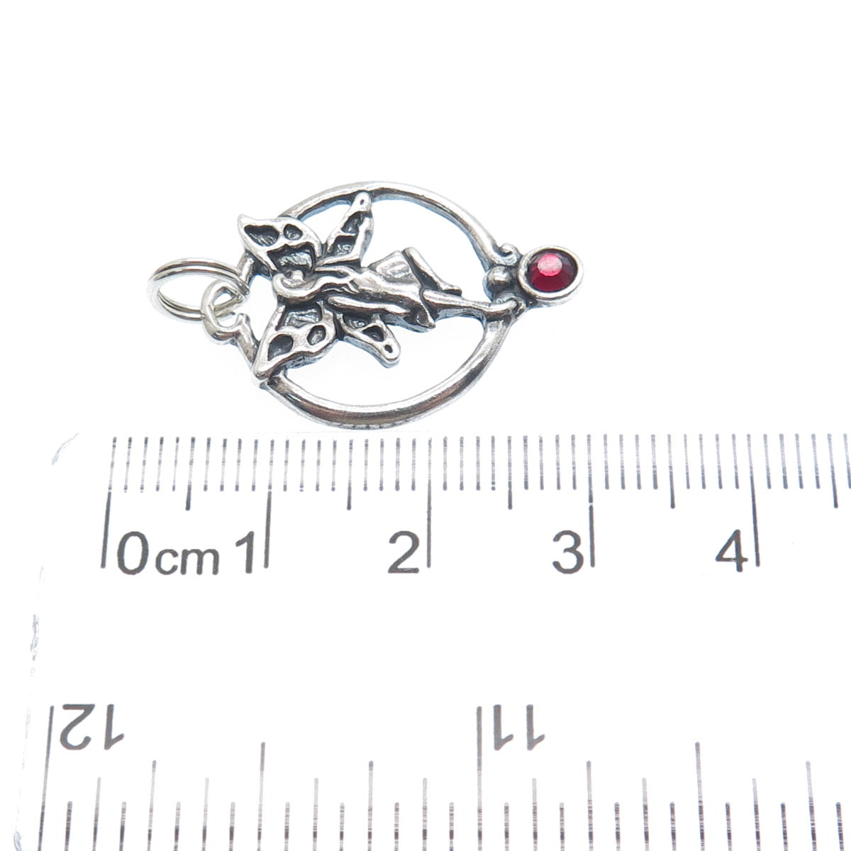 SHUBE 925 Sterling Silver Vintage Red Rhinestone Fairy Oxidized Charm Pendant
