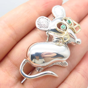 925 Sterling Silver / 14K Gold Vintage H&T Solow Emerald Gem Mouse Pin Brooch