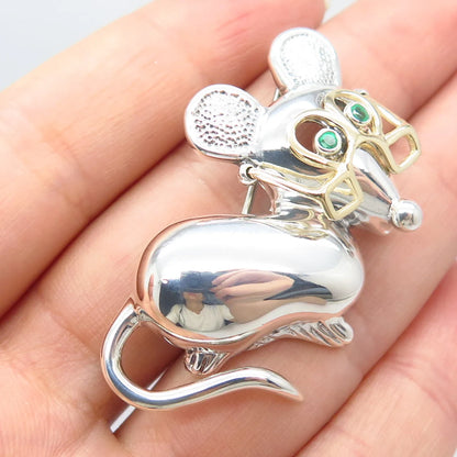 925 Sterling Silver / 14K Gold Vintage H&T Solow Emerald Gem Mouse Pin Brooch