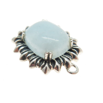 925 Sterling Silver Vintage Real Milky Aquamarine Gem Ribbed Pendant