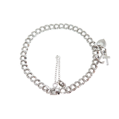 ELCO Sterling Silver Vintage Heart Anchor Cross Double Curb Link Bracelet 6.75"