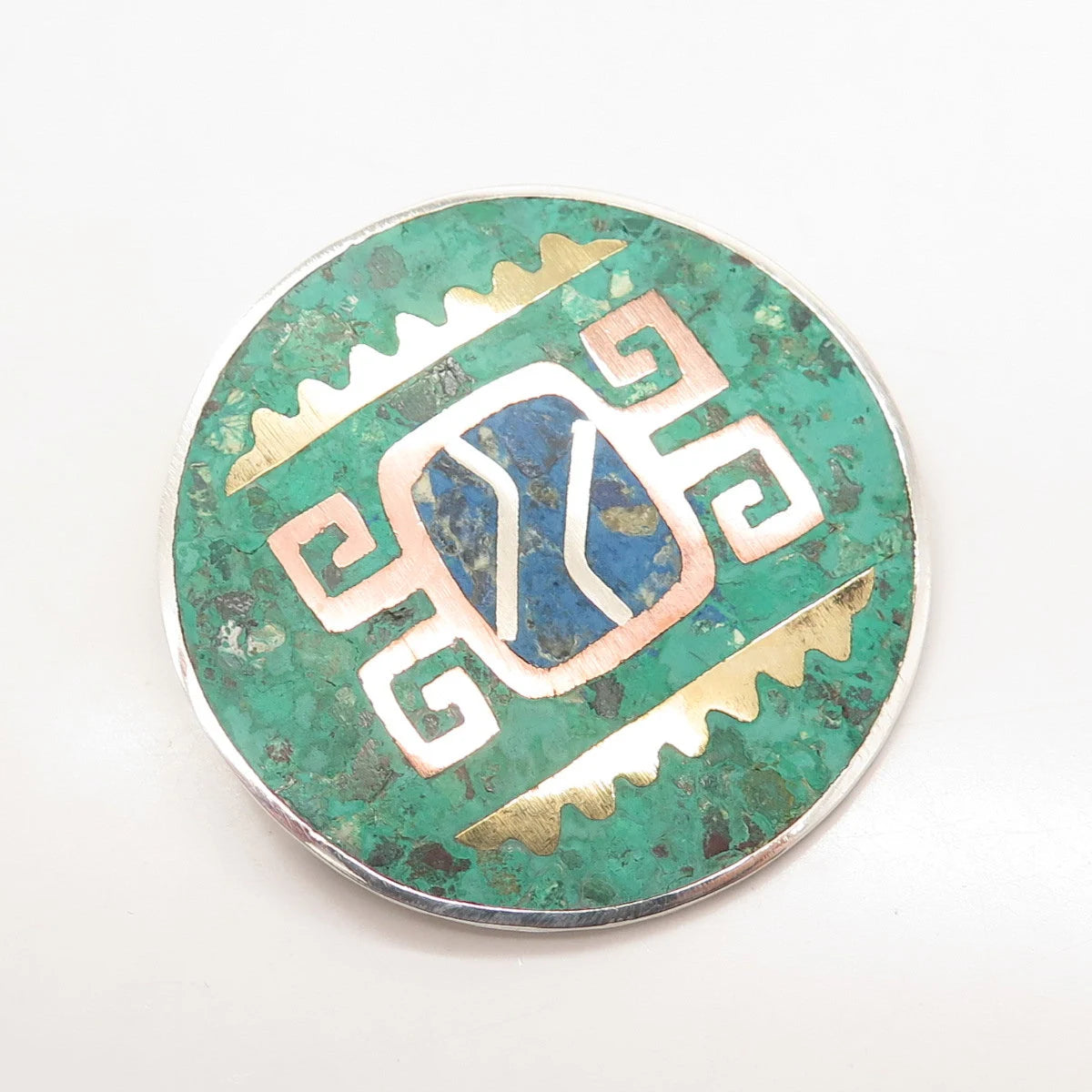 925 Sterling Silver 3-Tone Vintage Mexico Azurite Gem Inlay Tribal Pin Brooch