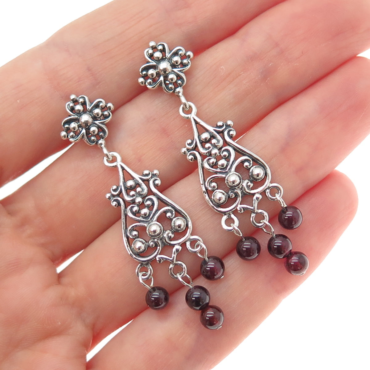 925 Sterling Silver Vintage Tourmaline Flower Beaded Oxidized Dangle Earrings