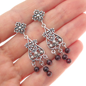 925 Sterling Silver Vintage Tourmaline Flower Beaded Oxidized Dangle Earrings