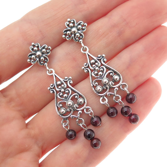 925 Sterling Silver Vintage Tourmaline Flower Beaded Oxidized Dangle Earrings